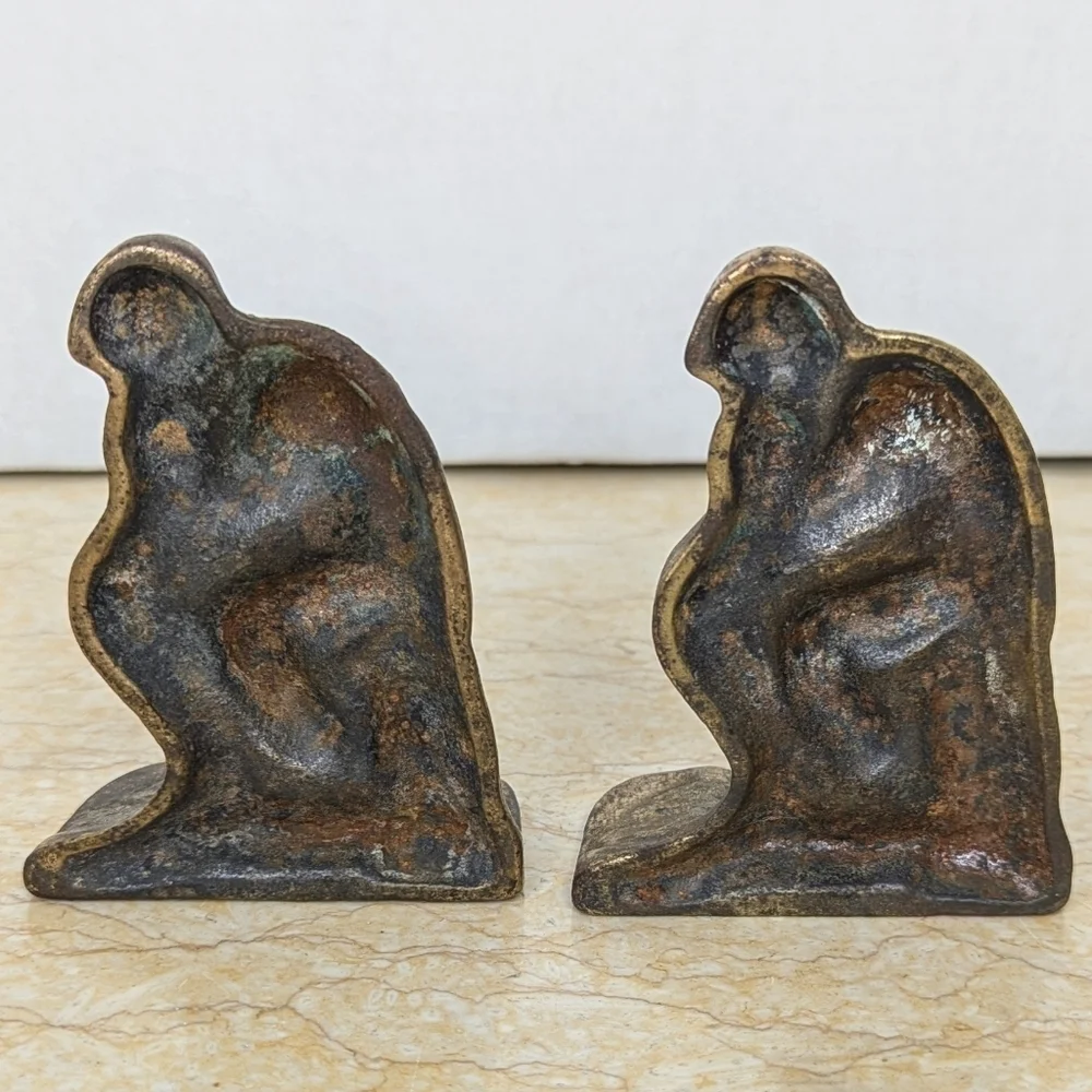 Vintage Brass The Thinker By Rodin Metal Sculpture Bookends Art Deco Old World